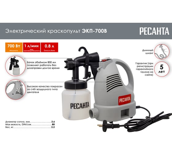 Электрический краскопульт Ресанта ЭКП-700В 75/17/2