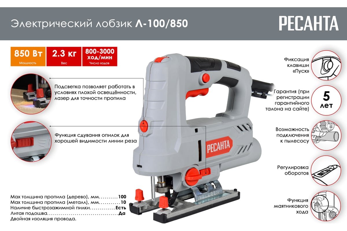 Электрический лобзик Ресанта Л-100/850 75/9/4