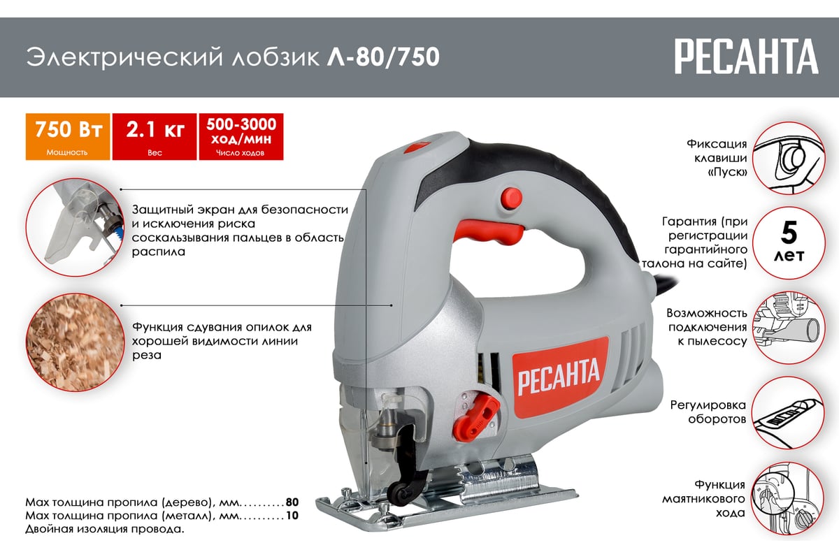 Электрический лобзик Ресанта Л-80/750 75/9/3 - выгодная цена, отзывы,  характеристики, фото - купить в Москве и РФ