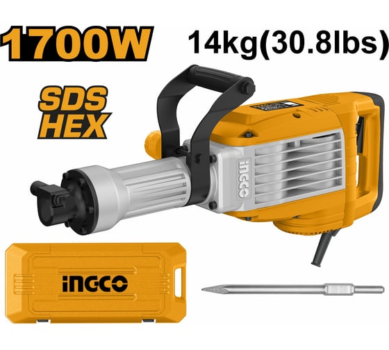 Отбойный молоток INGCO 1700Вт HEX 50Дж кейс INDUSTRIAL PDB170068