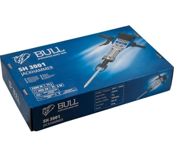 Отбойный молоток BULL SH 3001 в коробке 2200 Вт, 75 Дж, HEX 28, 1050 уд/мин, 5 м кабель 1333638
