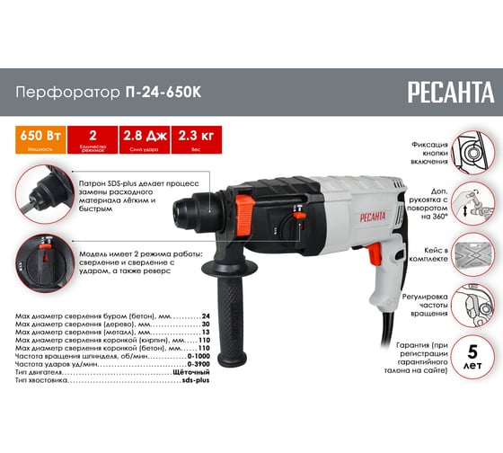Перфоратор Ресанта П-24-650К 75/3/4