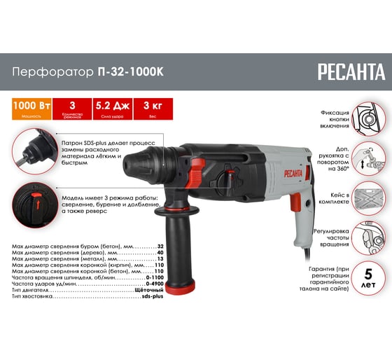 Перфоратор Ресанта П-32-1000К 75/3/3