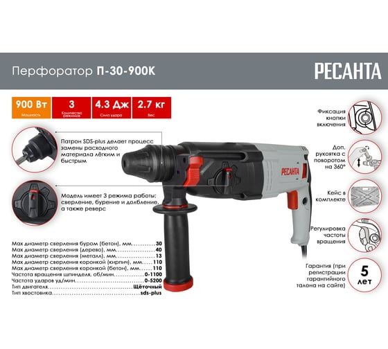Перфоратор Ресанта П-30-900К 75/3/2