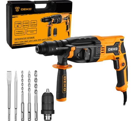 Сетевой перфоратор DEKO DKH1100W в кейсе, набор из 5 буров SDS+, дополнительный патрон 063-4159