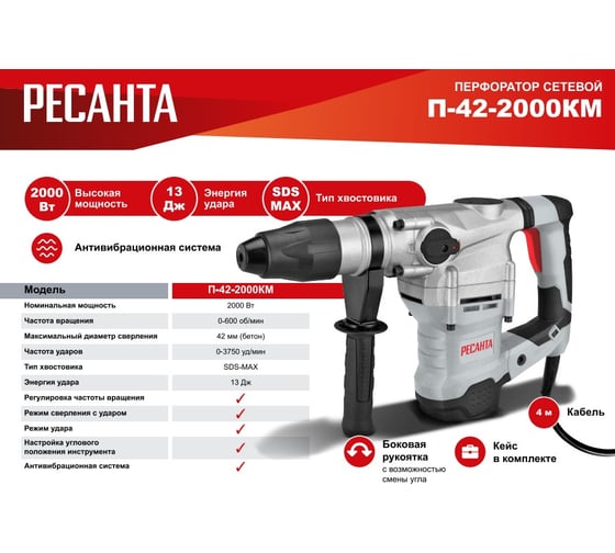 Перфоратор Ресанта П-42-2000КМ SDS-Max 75/3/13