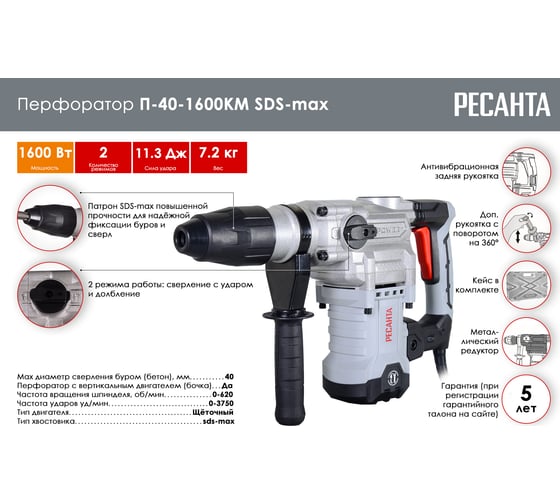 Перфоратор Ресанта П-40-1600КМ SDS-Max 75/3/7