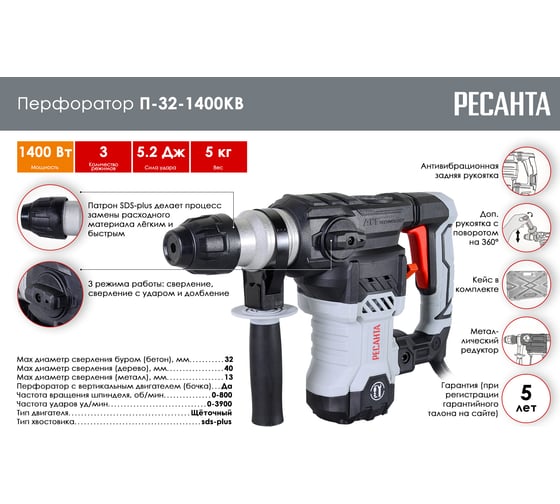 Перфоратор Ресанта П-32-1400КВ 75/3/6