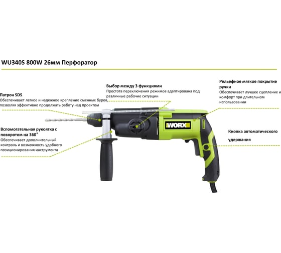 Перфоратор WORX Professional WU340S 800Вт, 26мм, 3Дж, кейс WU340S
