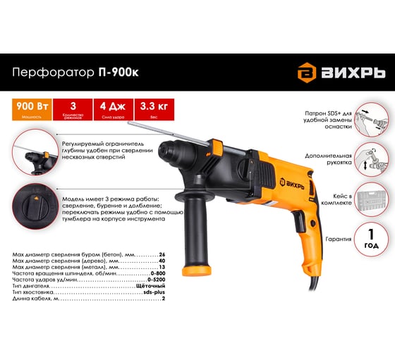 Перфоратор ВИХРЬ П-900К 72/3/2