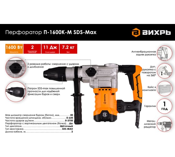 Перфоратор ВИХРЬ П-1600к-м 72/3/3