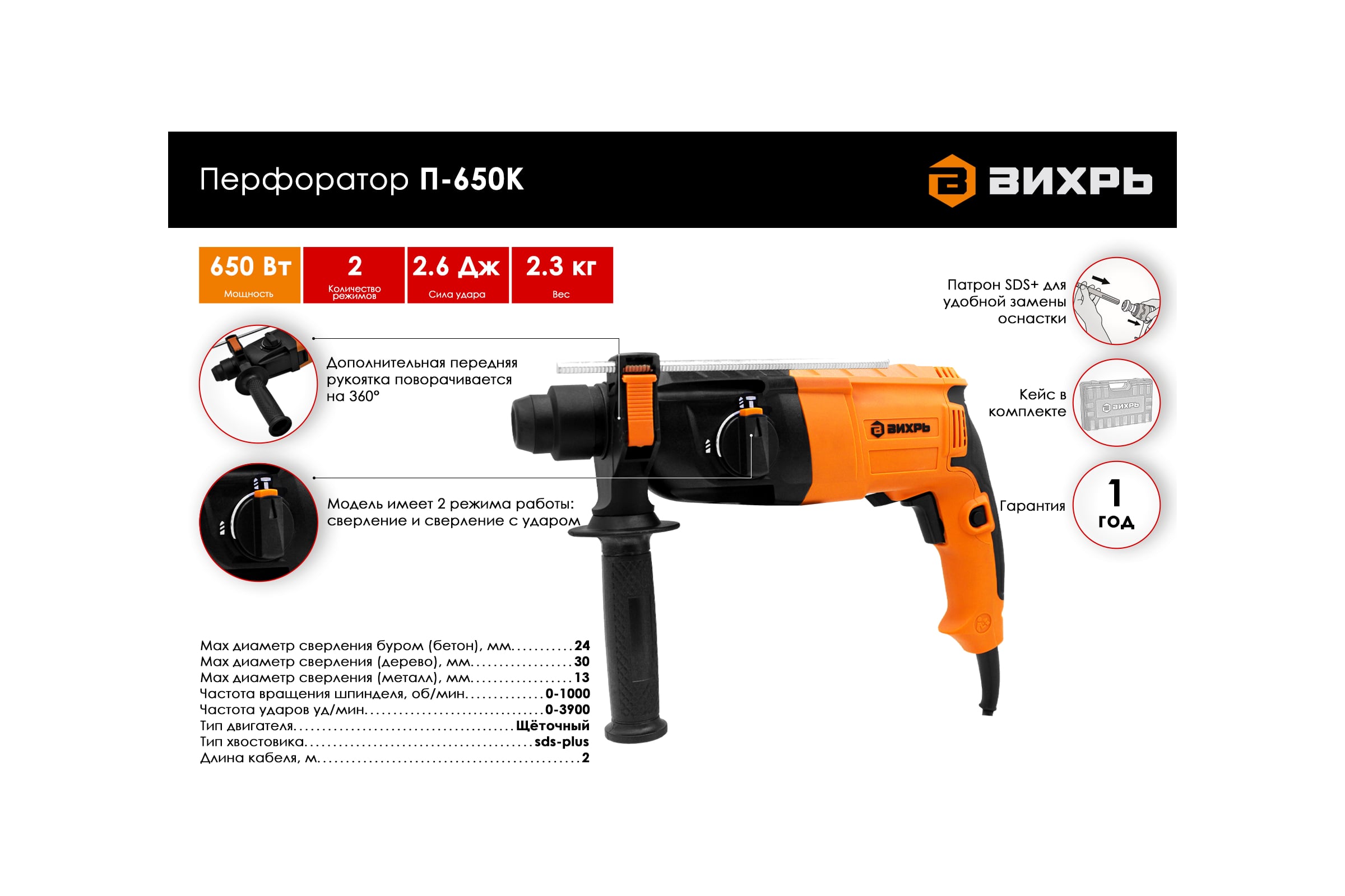 Перфоратор ВИХРЬ П-650К 72/3/5 — фото 3