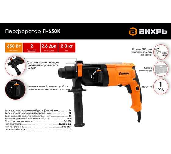Перфоратор ВИХРЬ П-650К 72/3/5