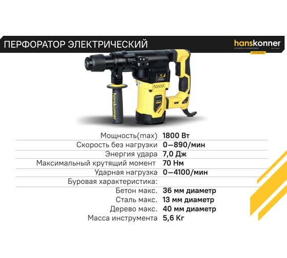 Перфоратор Hanskonner SDS Plus HRH1836RE