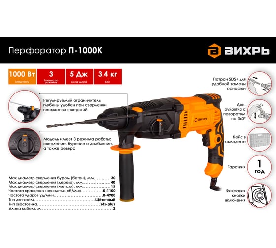 Перфоратор Вихрь П-1000к 72/3/7