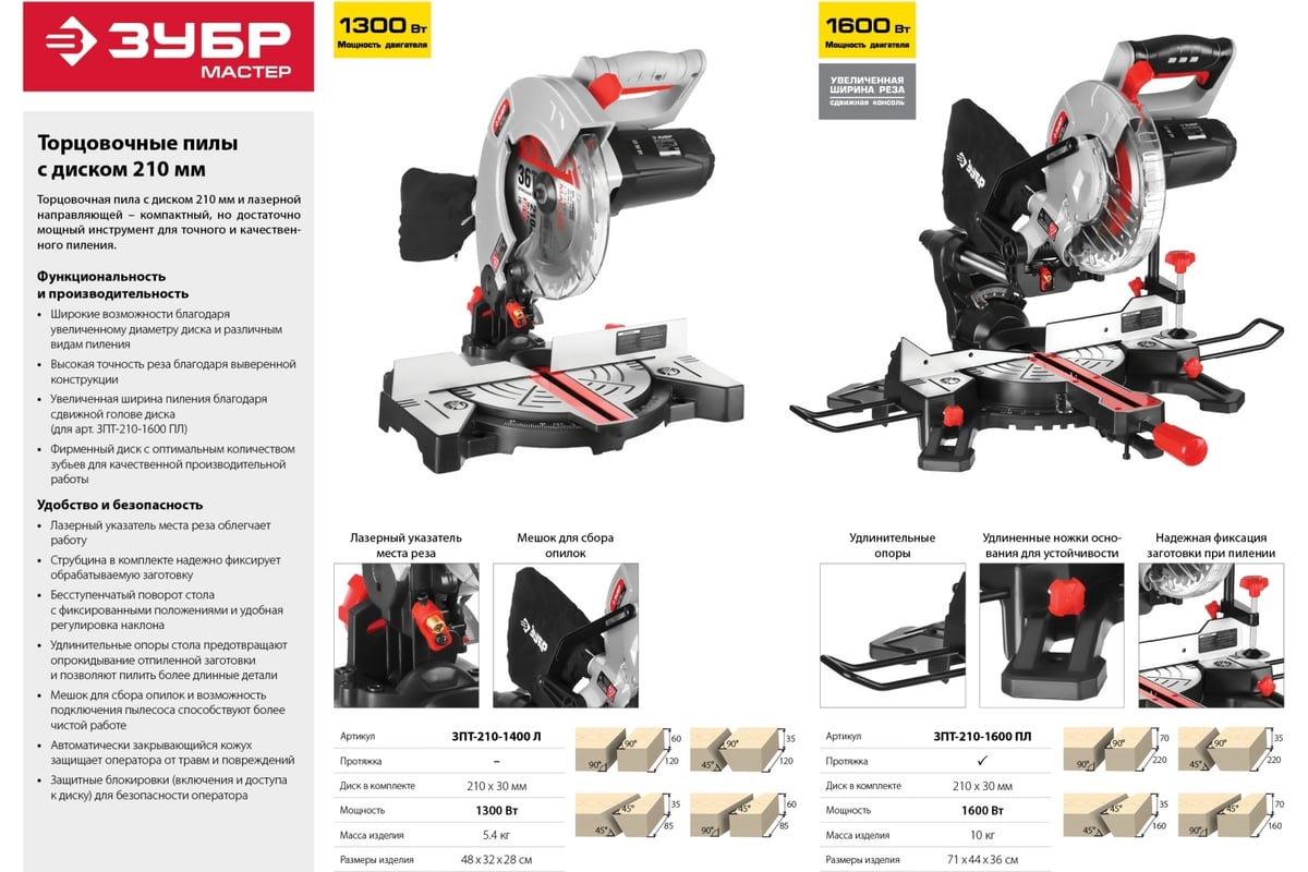 Торцовочная пила ЗУБР с протяжкой, d 210 х 30 мм, 1600 Вт ЗПТ-210-1600 .
