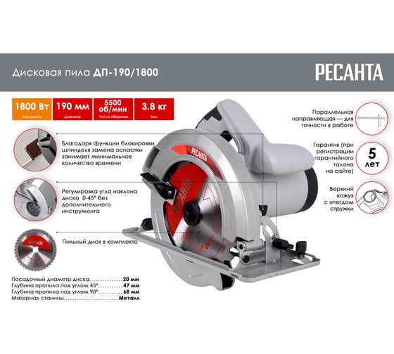 Дисковая пила Ресанта ДП-190/1800 75/11/2
