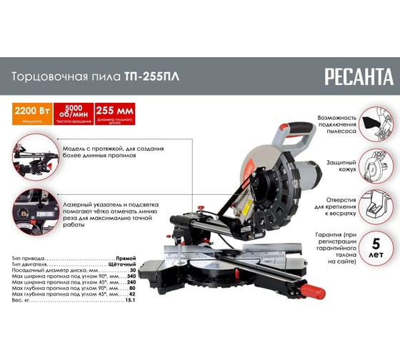 Торцовочная пила Ресанта ТП-255ПЛ 75/18/1