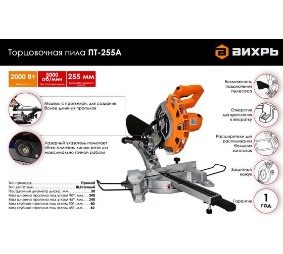 Торцовочная пила Вихрь ПТ-255А 72/18/4