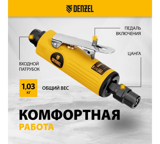 Прямая пневмошлифмашина Denzel pgs25000, 25000 об/мин, 10 шлиф. камней, цанга 3,6 мм, 113 л/мин. 57464