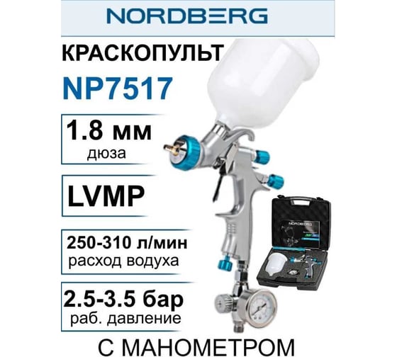 Краскопульт LVMP с верхним баком NORDBERG сопло 1.8 мм, пластиковый кейс NP7517