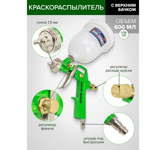 Краскораспылитель Forsage H-827-2V c верхним пластиковым бачком 600мл в комплекте с аксессуарами, набор 5 предметов F-SGK-51(58004)