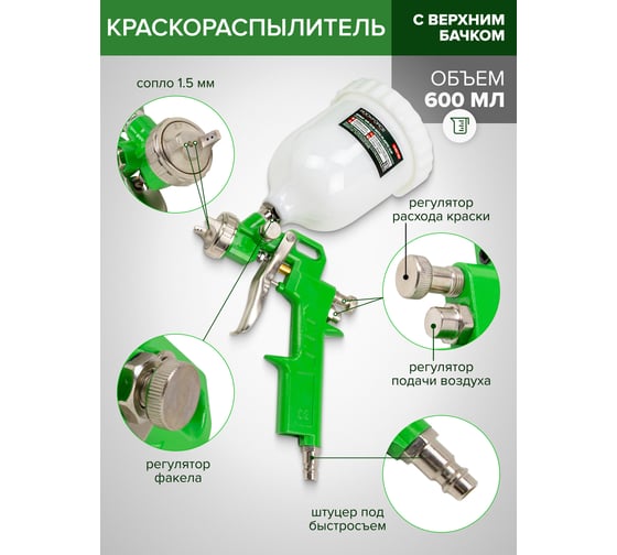 Краскораспылитель Rockforce H-827-2V c верхним пластиковым бачком 600мл в комплекте с аксессуарами, набор 5пр RF-SGK-5(58013)