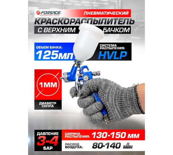 Краскораспылитель Forsage с верхним пластиковым бачком 125 мл, сопло 1.0 мм F-H-2000-2V(58675)