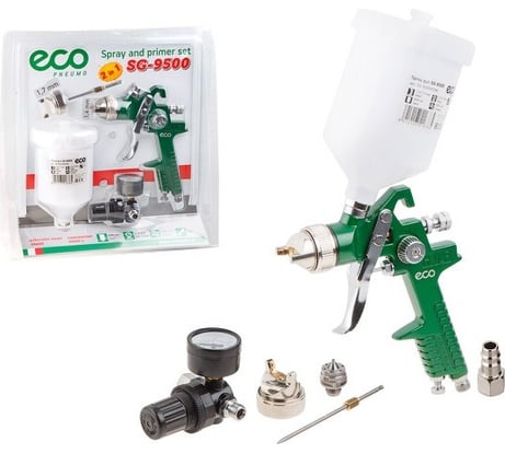 Краскораспылитель ECO SG-9500 с манометром (HVLP, сопло ф 1.4, 1.7 мм, верх. бак 600 мл, блистер) SG-9500HSTMU