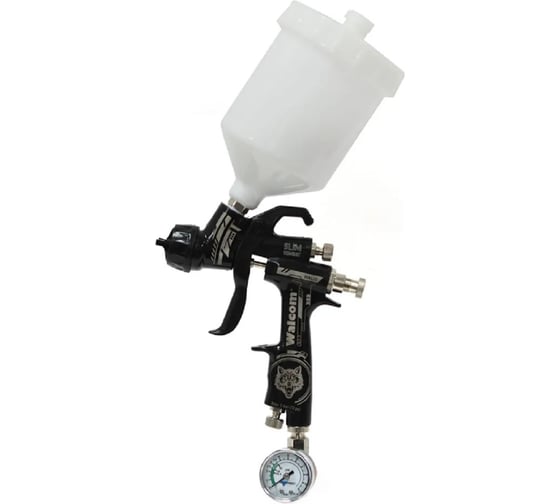 Краскораспылитель WALCOM Slim Kombat HTE верхний пластиковый бачок 0,68 л, сопло 2.5 В комплекте: чемоданчик, регулятор давления воздуха с манометром, ЗИП 803025