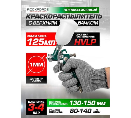 Краскораспылитель с верхним пластиковым бачком Rockforce бачок 125мл, сопло 1.0мм RF-H-2000-2V(58690)