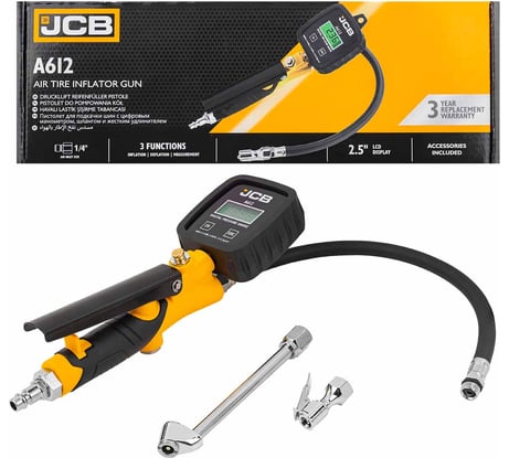Пистолет для подкачки шин JCB с цифровым манометром 0-14бар, Psi-бар-Кпа-кг/см², шланг 350мм, жесткий удлинитель 150мм JCB-A612(58320)