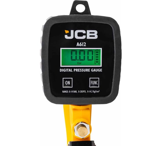 Пистолет для подкачки шин JCB с цифровым манометром 0-14бар, Psi-бар-Кпа-кг/см², шланг 350мм, жесткий удлинитель 150мм JCB-A612(58320)
