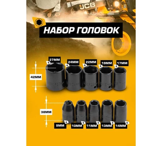 Пневмогайковерт ударный JCB "Compact" 1/2" с набором головок JCB-RP9515 KIT(58331)