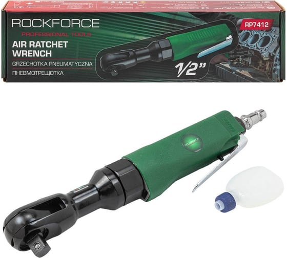 Пневмотрещотка с прорезиненной рукояткой Rockforce 68Нм, 1/2''(потребление 77л/мин, 160 об/мин, L-254мм,6.3Bar,штуцер 1/4) RF-RP7412(50372) 1