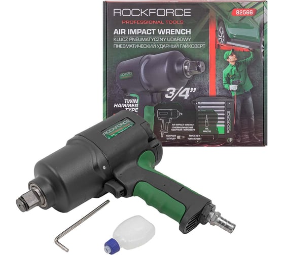 Пневмогайковерт ударный Rockforce Twin Hammer с реверсом и регулировкой усилия в облегченном корпусе 3/4(1800Hм, 7000 об/мин,6.3bar,269л/мин,вес 3кг) RF-82566(48142)
