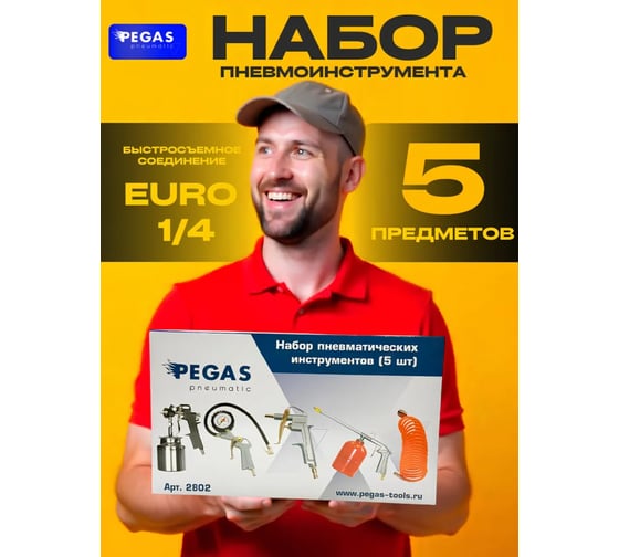 Набор Pegas pneumatic Pegas 5 предметов краскопульт, шланг 5 м, пистолет для продувки и подкачки шин, мовилный пистолет 2802