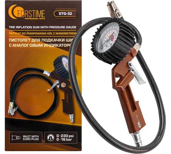 Пистолет для подкачки шин с манометром и шлангом FORSTIME FT-STG-32(64625)