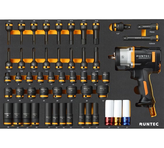 Набор с пневмогайковертом RUNTEC ударными головками и аксессуарами 1/2, 8-32 мм, CrMo в ложементе EVA, 53 предмета RT-ISPE53F 1