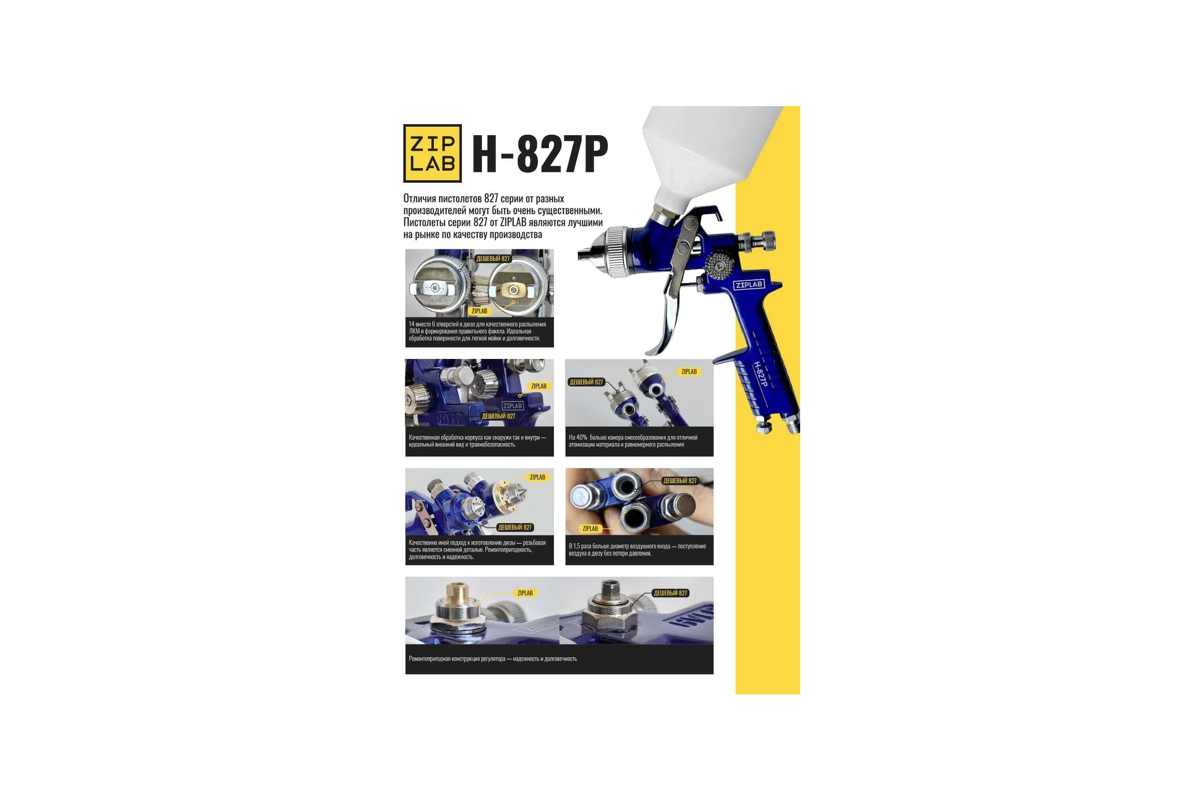 Окрасочный пистолет ZIPLAB H827P, 1.7 mm, пластиковый бачок 10110 — фото 3