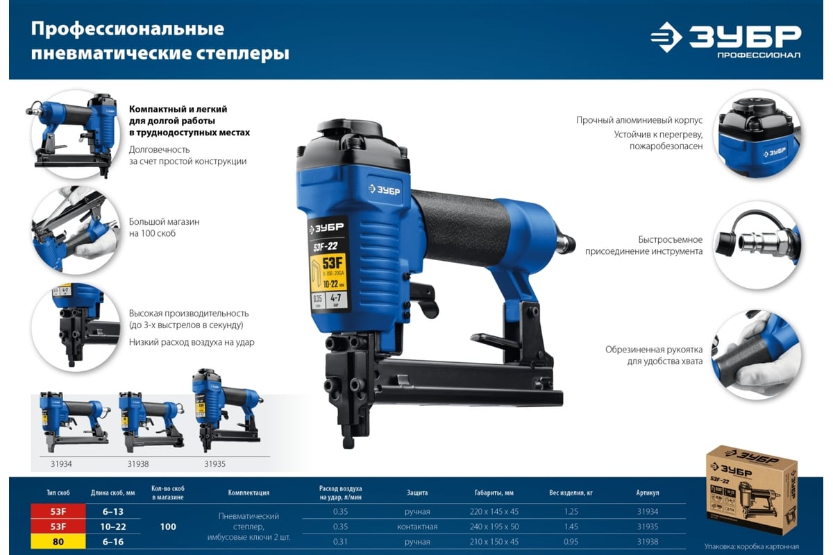 Пневматический степлер для скоб ЗУБР Т80 тип 80 31938