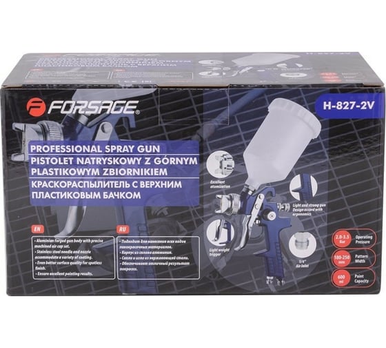Краскораспылитель с верхним пластиковым бачком Forsage F-H-827-2V 600мл, 1.4мм, 2.0-3.5Bar, 240-300л/мин 52247