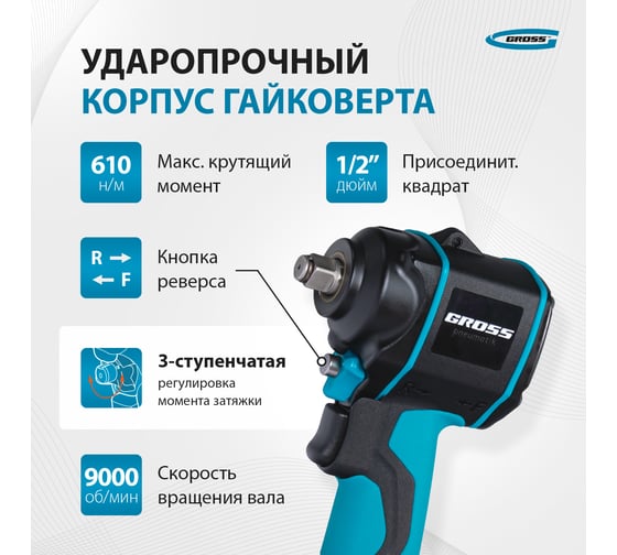 Гайковёрт пневматический ударный GROSS G985K2, 1/2", 610Нм 9000 об/мин, с набором 17 предметов 57445