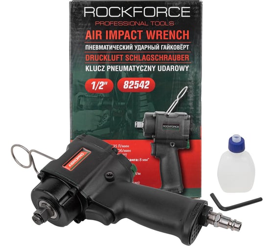 Ударный пневмогайковерт Rockforce Compact с реверсом и регулировкой усилия 1/2'' 600Hм, 8500 об/мин,6.3bar,113 л/мин,1.45кг RF-82542(11712)