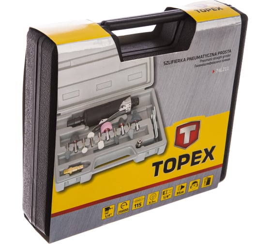 Шлифовальная прямая пневматическая машина с набором шлифкамней TOPEX 74L211