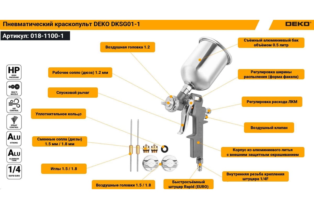 Пневматический краскопульт с верхним бачком DEKO DKSG01-1 500 мл, металл,  1.2/1.5/1.8 мм 018-1100-1 - выгодная цена, отзывы, характеристики, фото -  купить в Москве и РФ