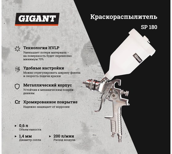 Краскораспылитель (сопло 1,4 мм; бачок 0,6 л, HVLP) Gigant SP 180