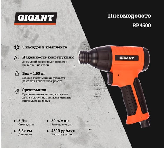 Пневмодолото (5 Дж; оснастка 10 мм шестигранник) Gigant RP4500 + 5 насадок