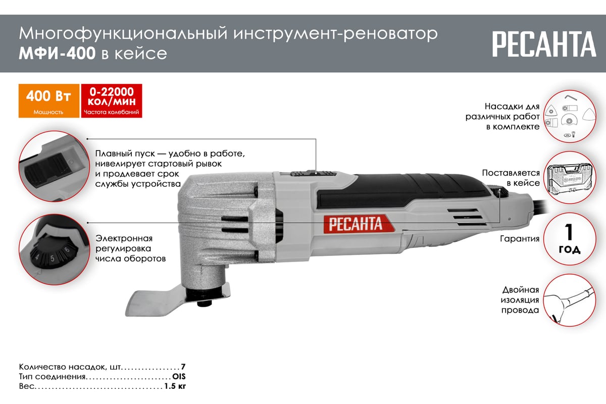 Многофункциональный инструмент-реноватор Ресанта МФИ-400 в кейсе 75/4/2