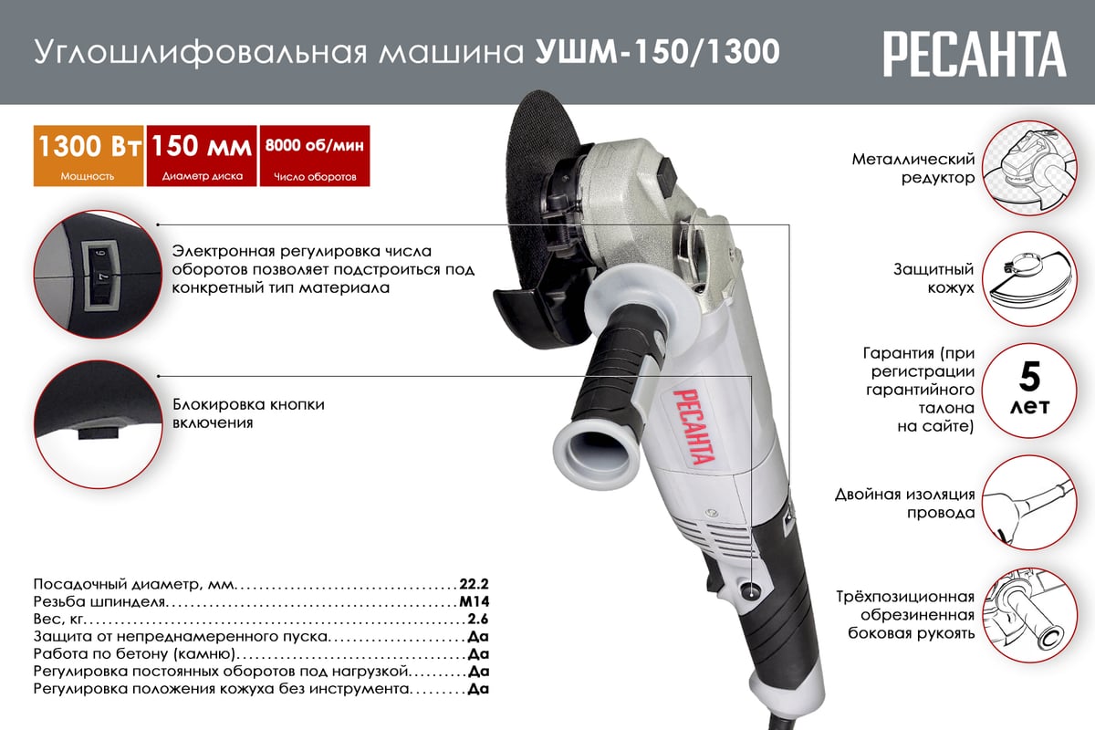 Углошлифовальная машина Ресанта УШМ-150/1300 75/12/6 - выгодная цена,  отзывы, характеристики, фото - купить в Москве и РФ